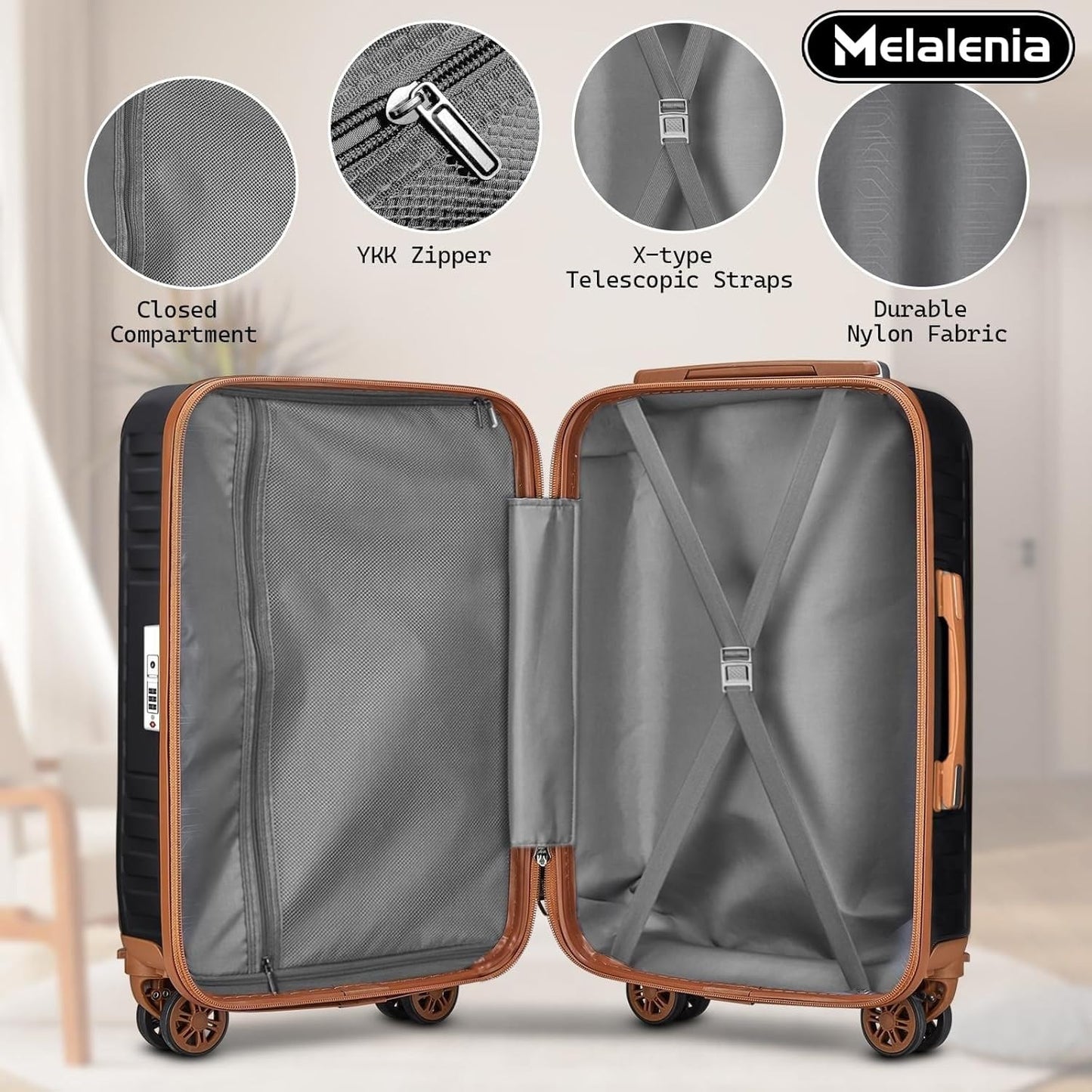 Melalenia Luggage Sets 7 Piece Suitcase Set, Black Brown