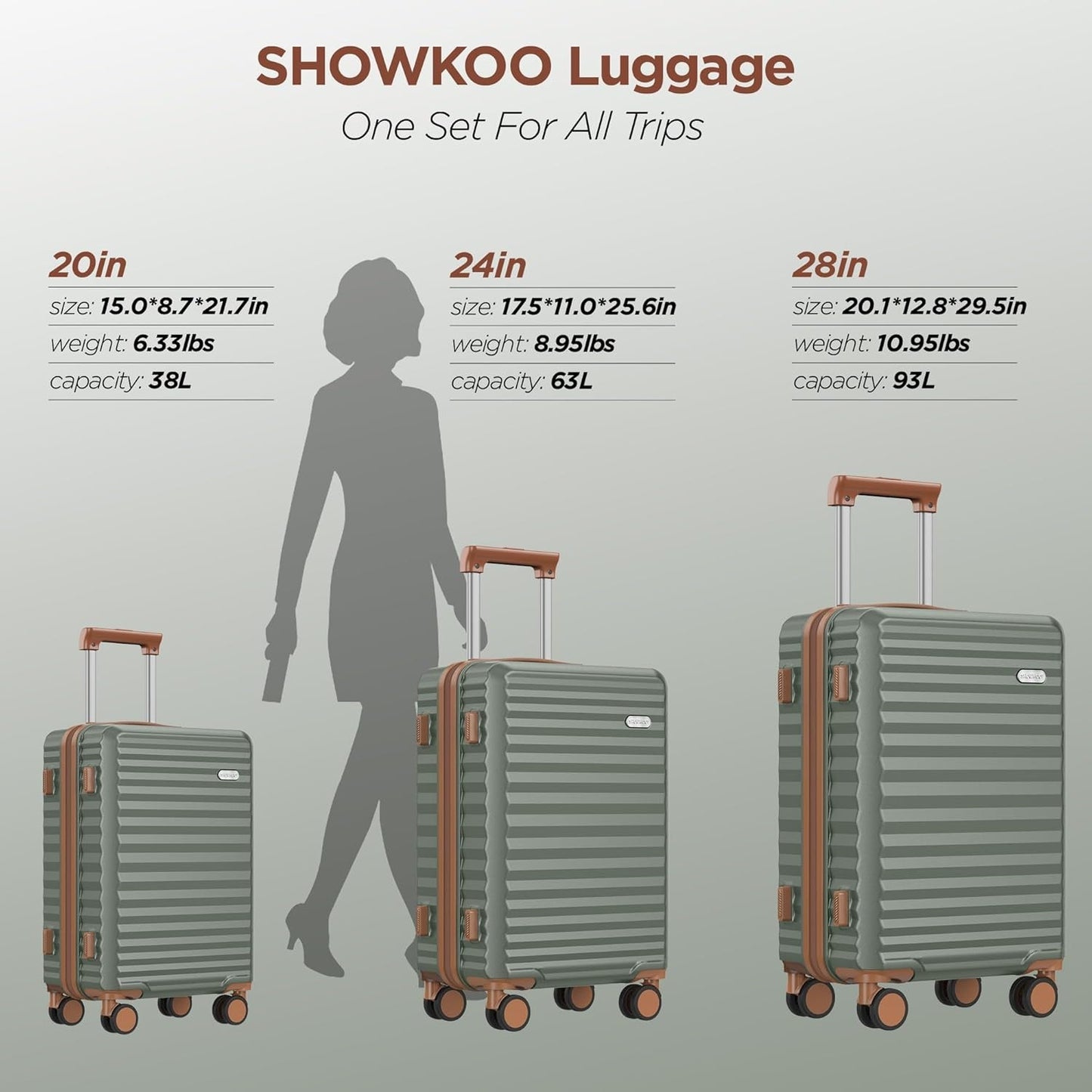 SHOWKOO Luggage Sets 3 Piece Hardside Expandable Suitcase